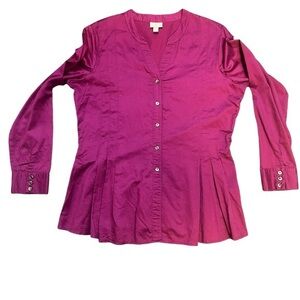 J. Jill Women’s Maroon Pleated Front Button Down Long Sleeve Top Medium